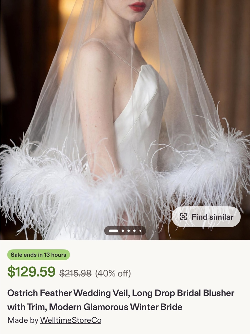 Ostrich Feather Bridal Veil in White - Picture 2 of 3